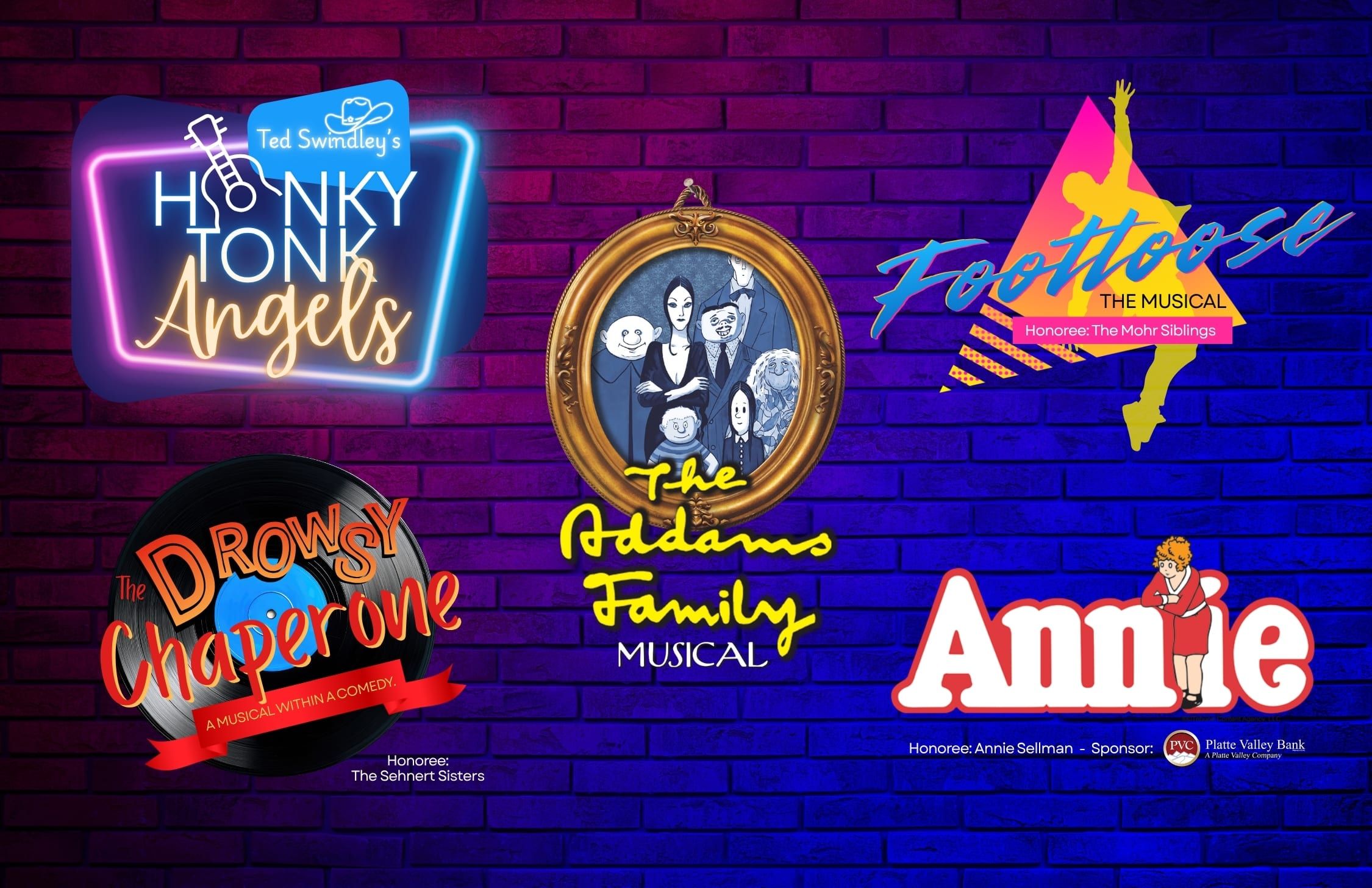 Show logos for Annie, The Drowsy Chaperone, Footloose, The Addams Family, and Honky Tonk Angels in the 2027 Post Playhouse season
