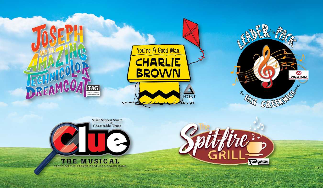 2023 season logos: Leader of the Pack, Clue the Musical, Joseph and the Amazing Technicolor Dreamcoat, You're a Good Man Charlie Brown, The Spitfire Grill