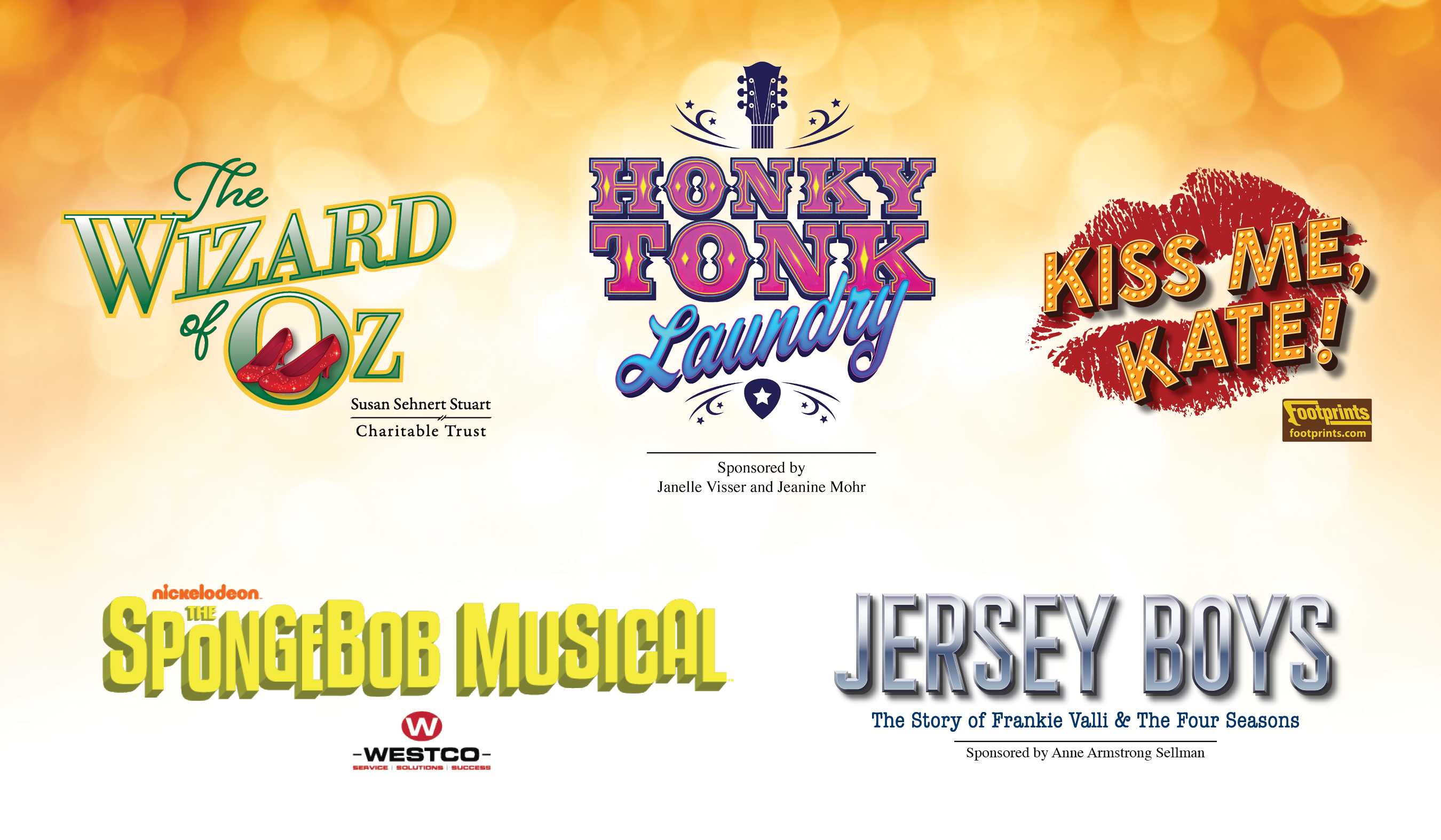 2024 season logos: The Wizard of Oz, Honky Tonk Laundry, Kiss Me Kate, The SpongeBob Musical, Jersey Boys